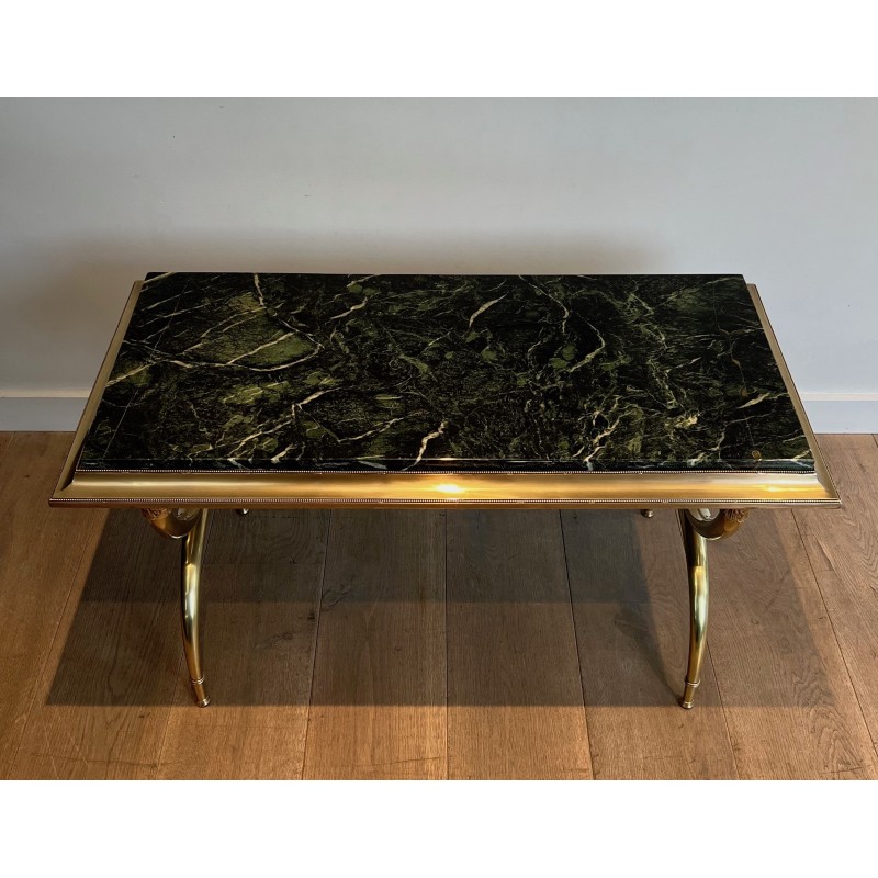 Neoclassical Brass and Green Marble Coffee Table by Raymond Subes, French Work, Circa 1940