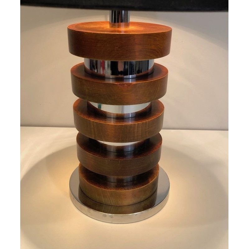 Lampe de Table Design à Cercles Concentriques de Bois et Chrome, Travail Français, Vers 1970