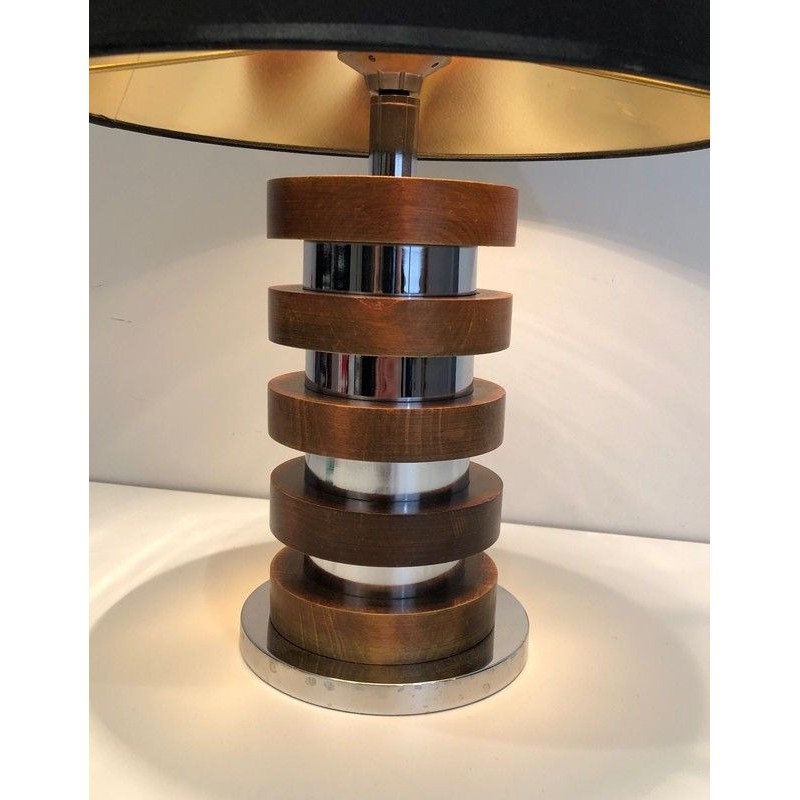 Lampe de Table Design à Cercles Concentriques de Bois et Chrome, Travail Français, Vers 1970
