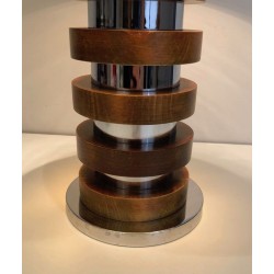 Lampe de Table Design à Cercles Concentriques de Bois et Chrome, Travail Français, Vers 1970
