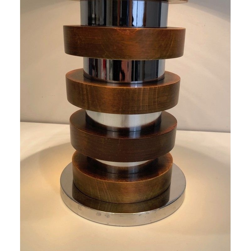Lampe de Table Design à Cercles Concentriques de Bois et Chrome, Travail Français, Vers 1970
