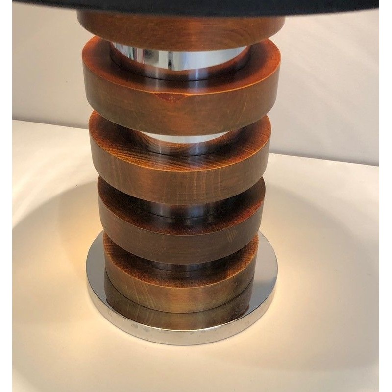 Lampe de Table Design à Cercles Concentriques de Bois et Chrome, Travail Français, Vers 1970