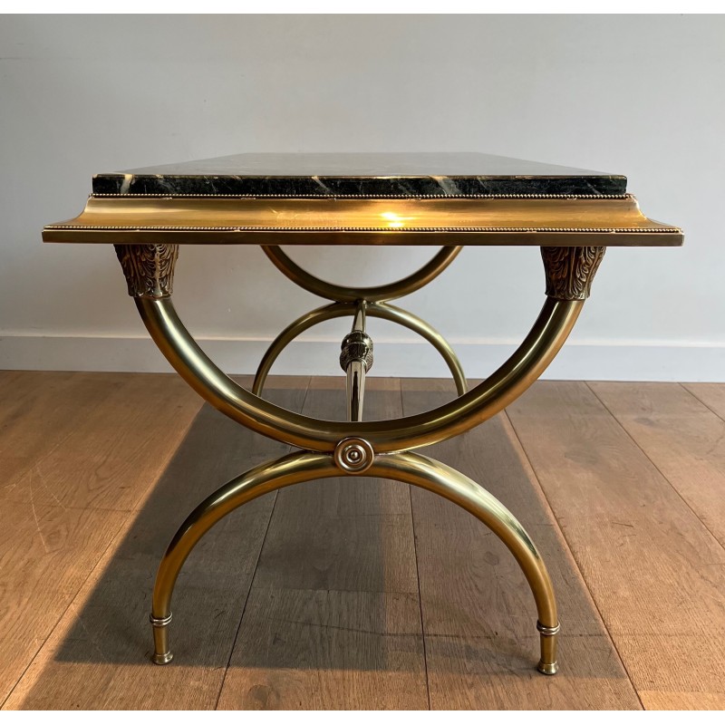 Table Basse Néoclassique en Laiton et Marbre Vert de Raymond Subes, Travail Français, Vers 1940