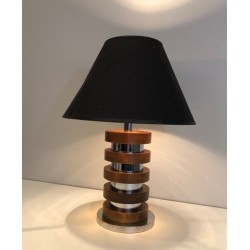 Lampe de Table Design à Cercles Concentriques de Bois et Chrome, Travail Français, Vers 1970