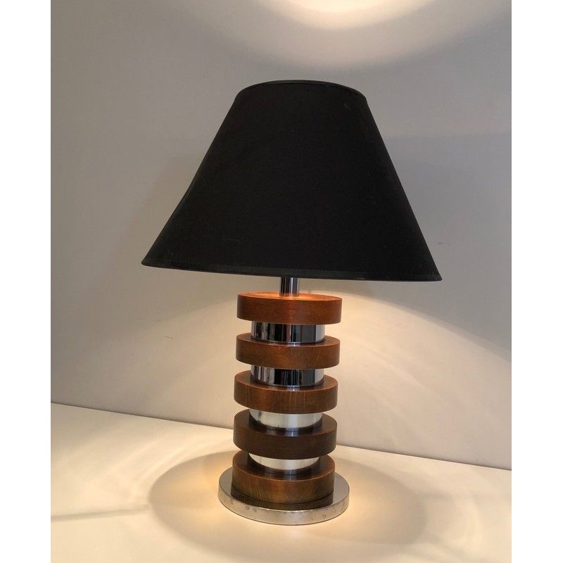 Lampe de Table Design à Cercles Concentriques de Bois et Chrome, Travail Français, Vers 1970