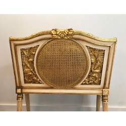 Large Louis XVI Style Magazine Rack in Patinated and Gilded Carved Wood with Caned Panels, French Work, Circa 1880