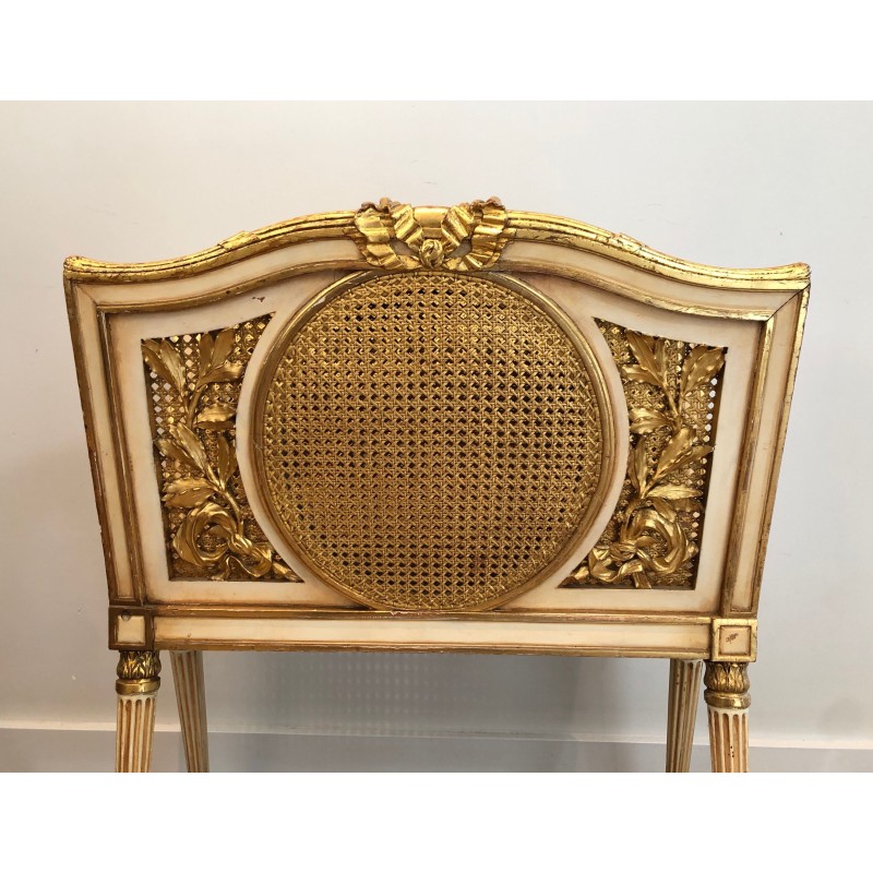 Large Louis XVI Style Magazine Rack in Patinated and Gilded Carved Wood with Caned Panels, French Work, Circa 1880