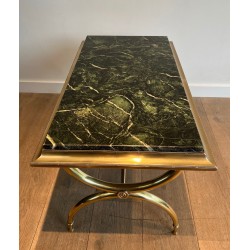 Table Basse Néoclassique en Laiton et Marbre Vert de Raymond Subes, Travail Français, Vers 1940