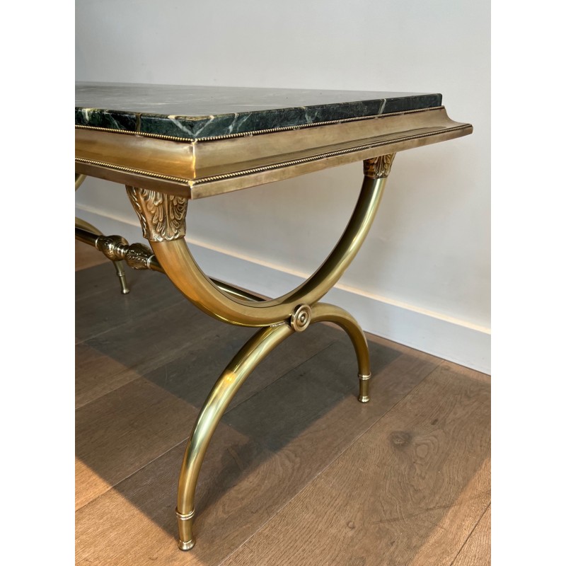Table Basse Néoclassique en Laiton et Marbre Vert de Raymond Subes, Travail Français, Vers 1940