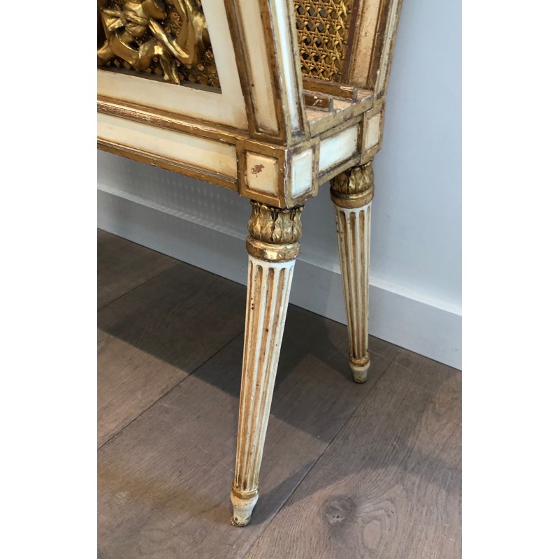 Important Porte-Revues de Style Louis XVI en Bois Sculpté Patiné et Doré à Double Cannage, Travail Français, Vers 1880