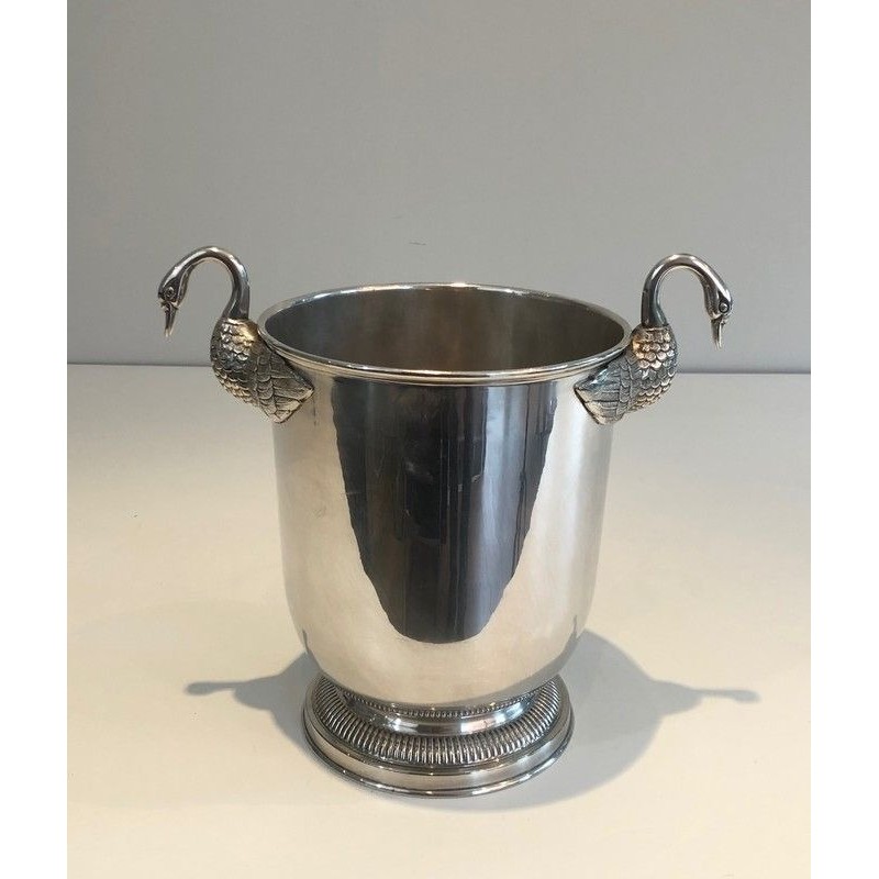 Seau à Champagne en Métal Argenté à Décors de Cygnes, Attribué à Christofle, Travail Français, Vers 1940