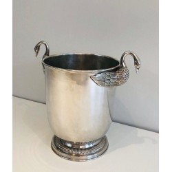 Seau à Champagne en Métal Argenté à Décors de Cygnes, Attribué à Christofle, Travail Français, Vers 1940