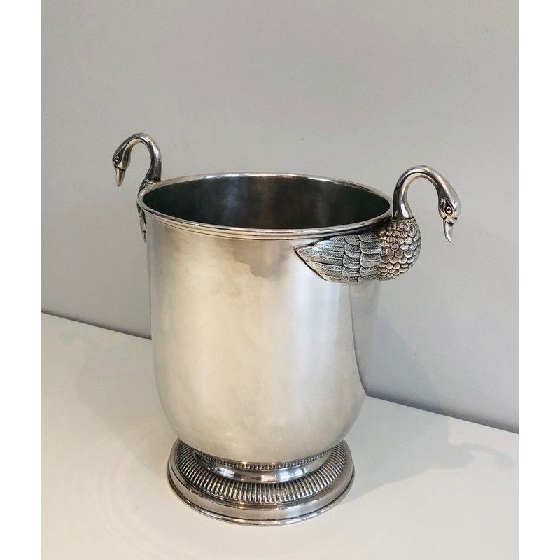 Silver-Plated Champagne Bucket with Swan Décor, Attributed to Christofle, French Work, Circa 1940