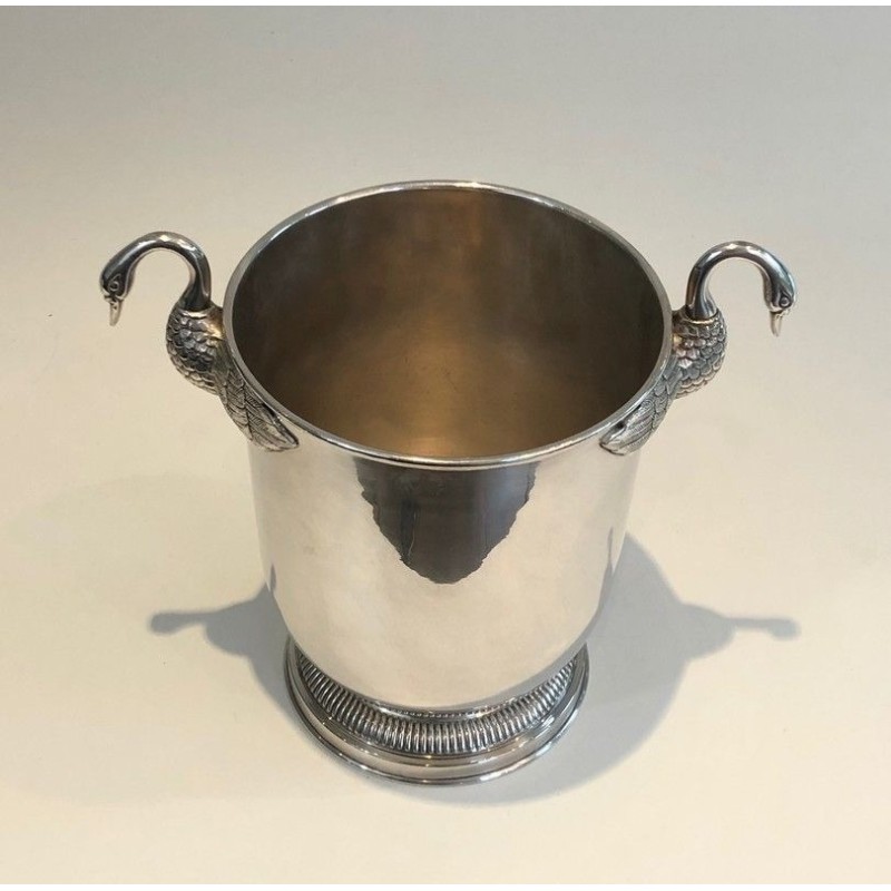 Seau à Champagne en Métal Argenté à Décors de Cygnes, Attribué à Christofle, Travail Français, Vers 1940