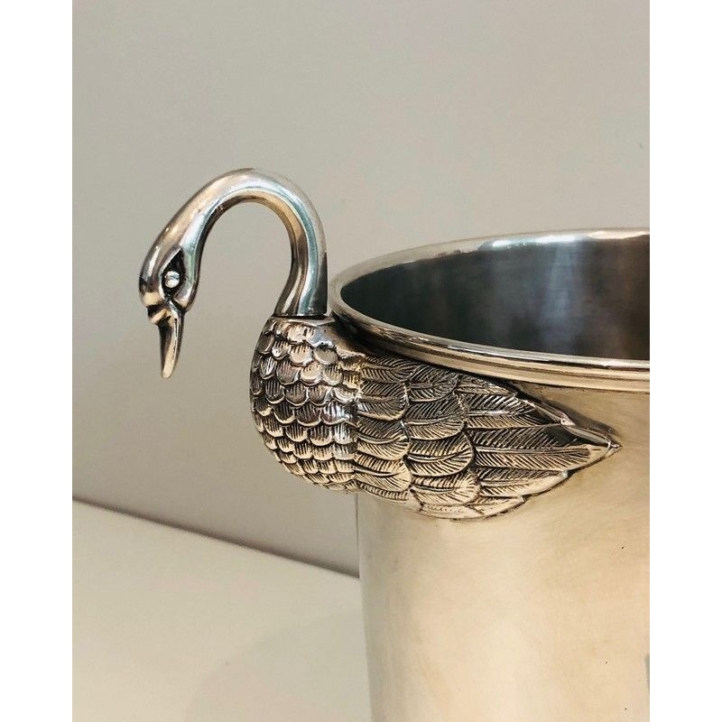 Seau à Champagne en Métal Argenté à Décors de Cygnes, Attribué à Christofle, Travail Français, Vers 1940