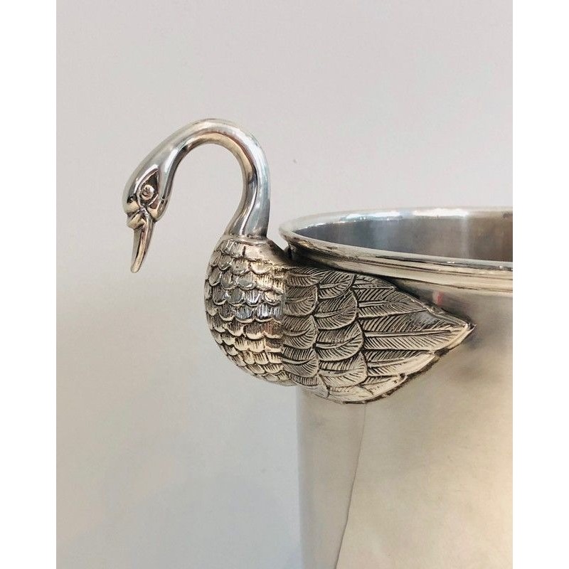 Seau à Champagne en Métal Argenté à Décors de Cygnes, Attribué à Christofle, Travail Français, Vers 1940