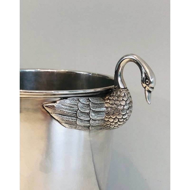 Seau à Champagne en Métal Argenté à Décors de Cygnes, Attribué à Christofle, Travail Français, Vers 1940