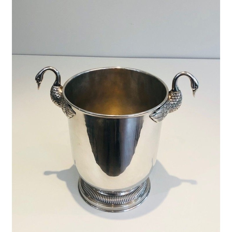 Silver-Plated Champagne Bucket with Swan Décor, Attributed to Christofle, French Work, Circa 1940