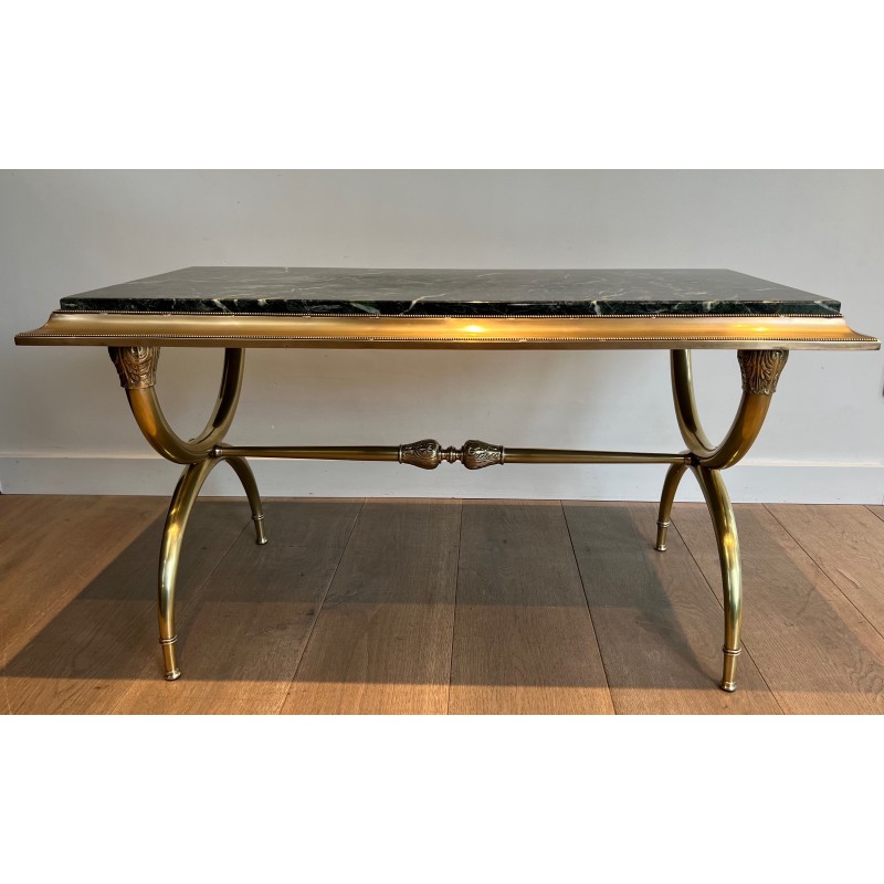 Table Basse Néoclassique en Laiton et Marbre Vert de Raymond Subes, Travail Français, Vers 1940