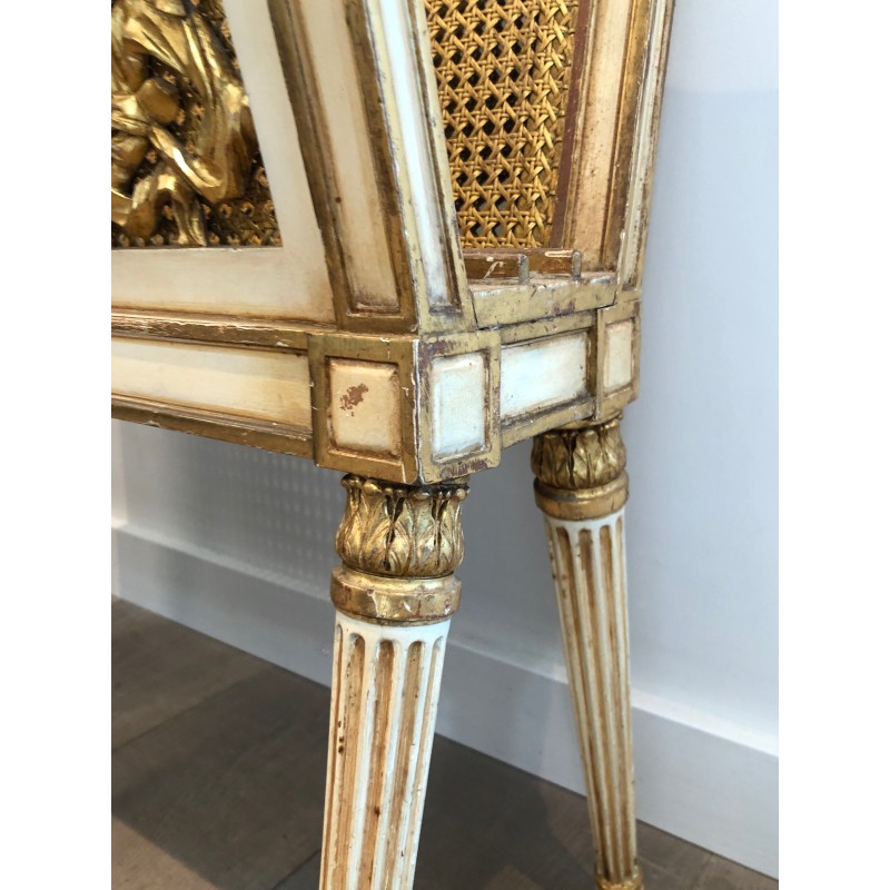 Important Porte-Revues de Style Louis XVI en Bois Sculpté Patiné et Doré à Double Cannage, Travail Français, Vers 1880