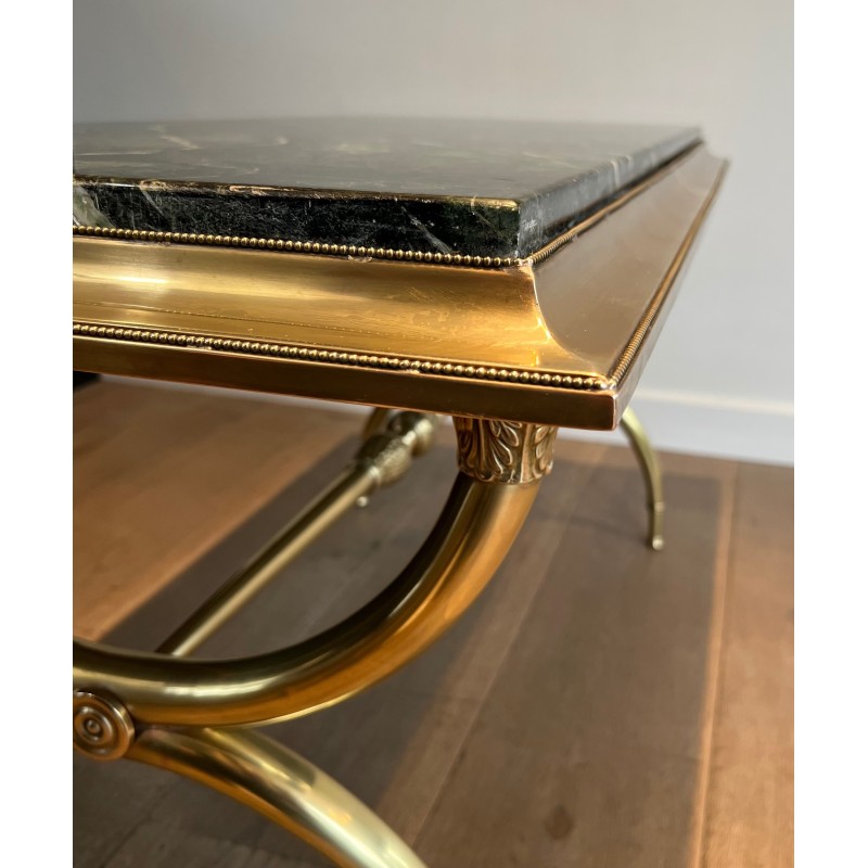 Table Basse Néoclassique en Laiton et Marbre Vert de Raymond Subes, Travail Français, Vers 1940