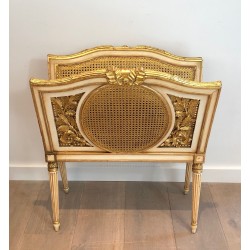 Large Louis XVI Style Magazine Rack in Patinated and Gilded Carved Wood with Caned Panels, French Work, Circa 1880