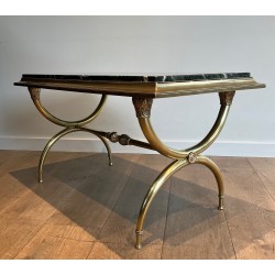 Table Basse Néoclassique en Laiton et Marbre Vert de Raymond Subes, Travail Français, Vers 1940