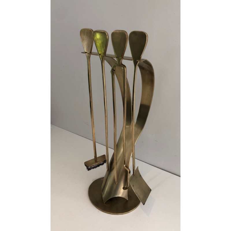 Brass Design Fireplace Tool Set, French Work, Circa 1970
