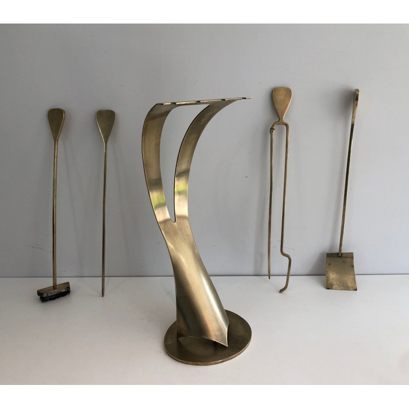 Brass Design Fireplace Tool Set, French Work, Circa 1970