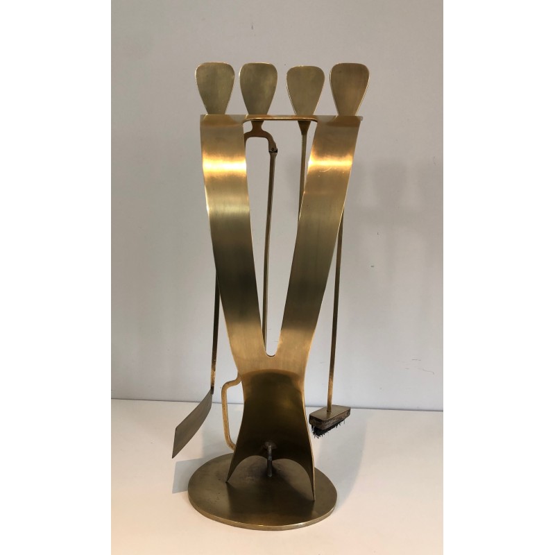 Brass Design Fireplace Tool Set, French Work, Circa 1970