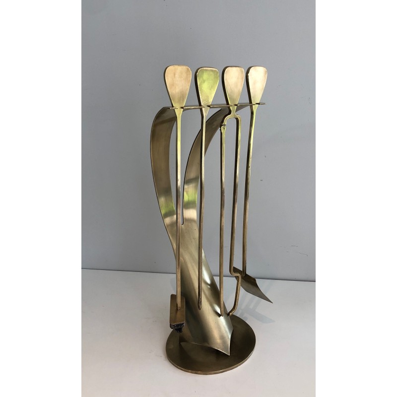 Brass Design Fireplace Tool Set, French Work, Circa 1970
