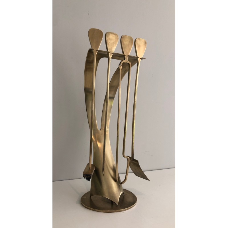 Brass Design Fireplace Tool Set, French Work, Circa 1970
