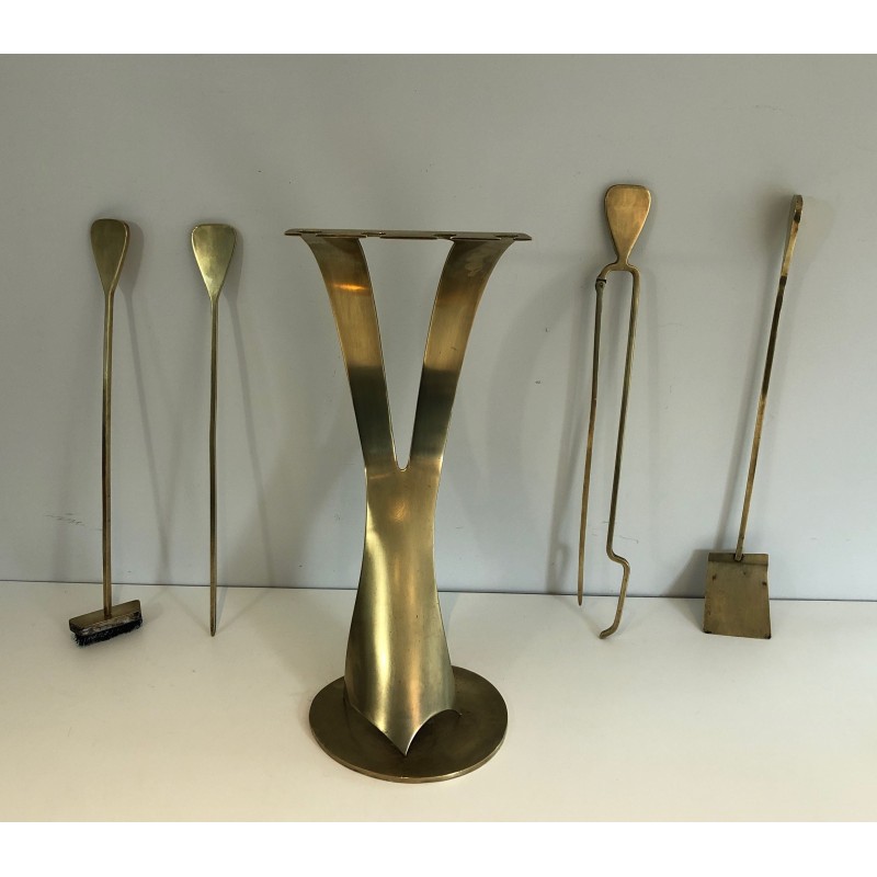 Brass Design Fireplace Tool Set, French Work, Circa 1970