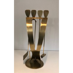 Brass Design Fireplace Tool Set, French Work, Circa 1970