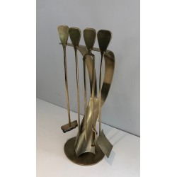 Brass Design Fireplace Tool Set, French Work, Circa 1970