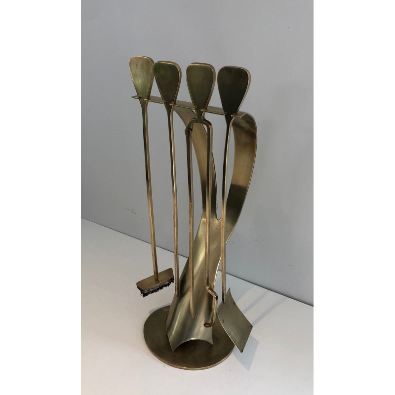Brass Design Fireplace Tool Set, French Work, Circa 1970