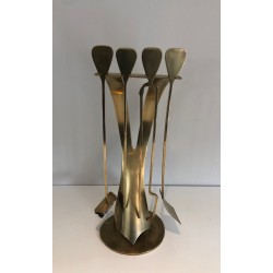 Brass Design Fireplace Tool Set, French Work, Circa 1970