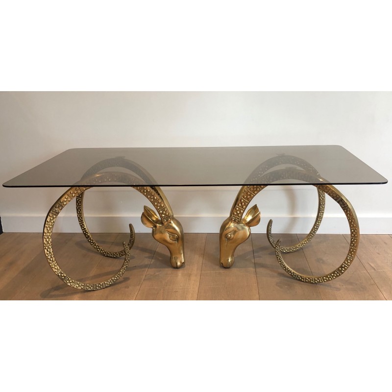 Bronze Coffee Table with Twin Ibex Heads by Alain Chervet, French Work, Circa 1970