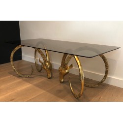 Bronze Coffee Table with Twin Ibex Heads by Alain Chervet, French Work, Circa 1970