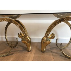 Bronze Coffee Table with Twin Ibex Heads by Alain Chervet, French Work, Circa 1970