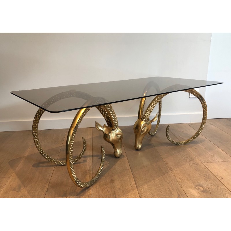 Bronze Coffee Table with Twin Ibex Heads by Alain Chervet, French Work, Circa 1970