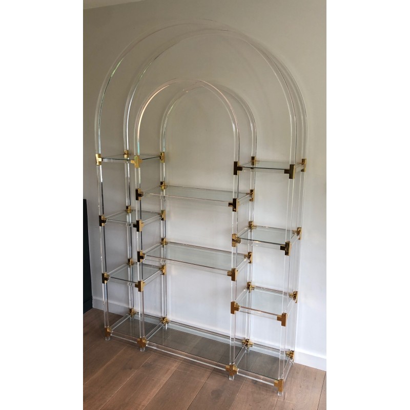 Étagère en Lucite, Métal Doré et Verre de Charles Hollis Jones, Travail Américain, Vers 1970
