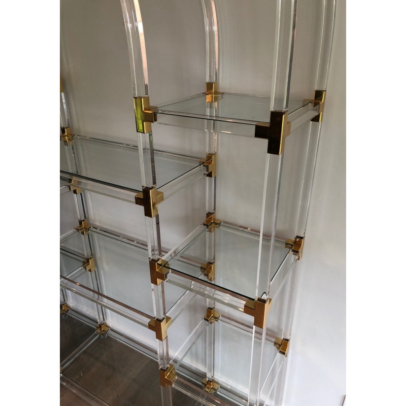 Étagère en Lucite, Métal Doré et Verre de Charles Hollis Jones, Travail Américain, Vers 1970