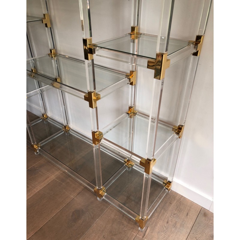 Étagère en Lucite, Métal Doré et Verre de Charles Hollis Jones, Travail Américain, Vers 1970