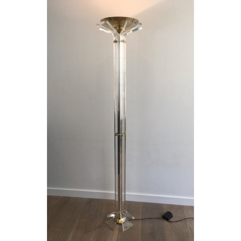 Rare Lampadaire en Laiton Doré et Plexiglass, Travail Italien, vers 1970 | Maison BARROIS