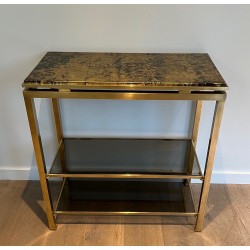 Console en Laiton de Guy Lefèvre pour la Maison Jansen, Étagères en Verre Fumé et Plateau Doré Façon Marbre, Vers 1970