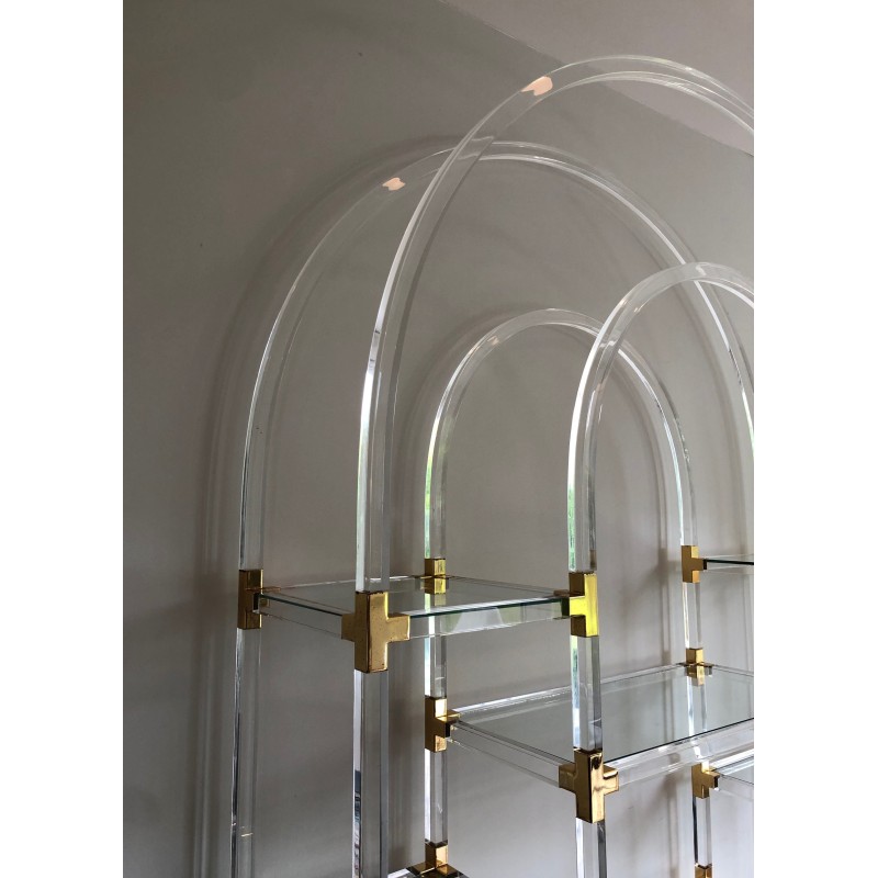 Étagère en Lucite, Métal Doré et Verre de Charles Hollis Jones, Travail Américain, Vers 1970