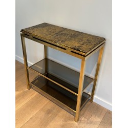 Rare Brass Console Table by Guy Lefèvre for Maison Jansen, Smoked Glass Shelves and Gilt Faux-Marble Top, Circa 1970