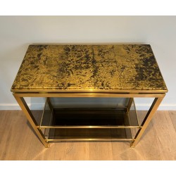 Rare Brass Console Table by Guy Lefèvre for Maison Jansen, Smoked Glass Shelves and Gilt Faux-Marble Top, Circa 1970