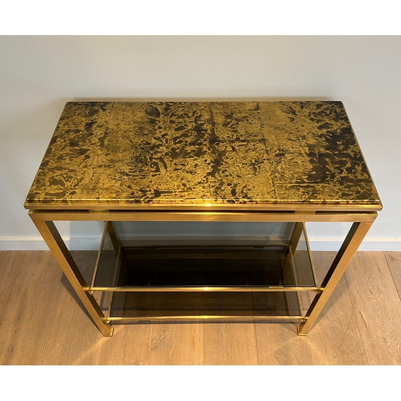 Rare Brass Console Table by Guy Lefèvre for Maison Jansen, Smoked Glass Shelves and Gilt Faux-Marble Top, Circa 1970